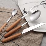 قاشق چنگال کارد استیک چوبی دسته بامبو استیل