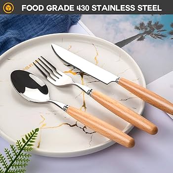 قاشق چنگال کارد استیک چوبی دسته بامبو استیل