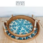 سینی راتان صدفی حصیری سایز متوسط ساده آبی کرم دسته دار