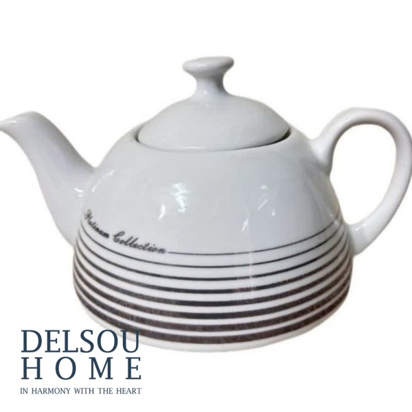 قوری چینی کف پهن با خط نقره ای پلاتین‌رنگ دل سو هوم delsouhome