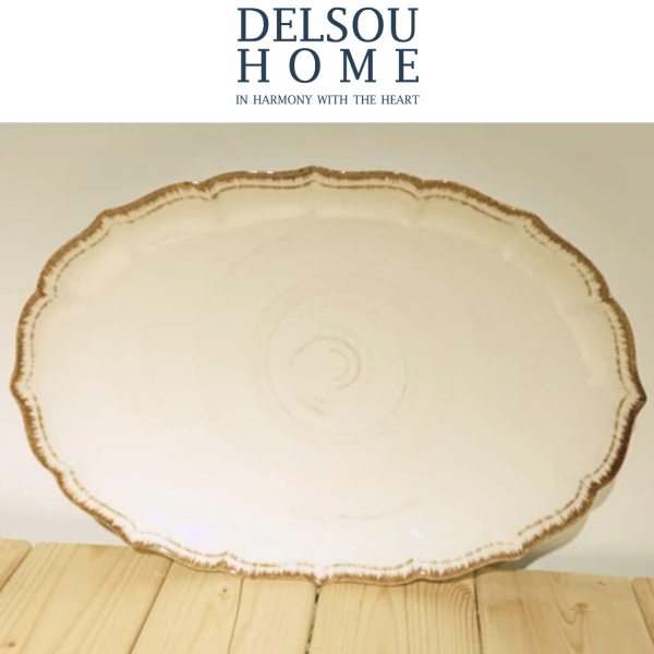 دیس بیضی کرم دالبری طرح الیزابت elizabeth serving plate delsouhome دل سو هوم بشقاب سرامیک چینی جهیزیه دکوری خاص یونیک تک ایکالا ایکیا تهران آف لند دل سو خرید لوازم خانه و آشپزخانه دنی هوم