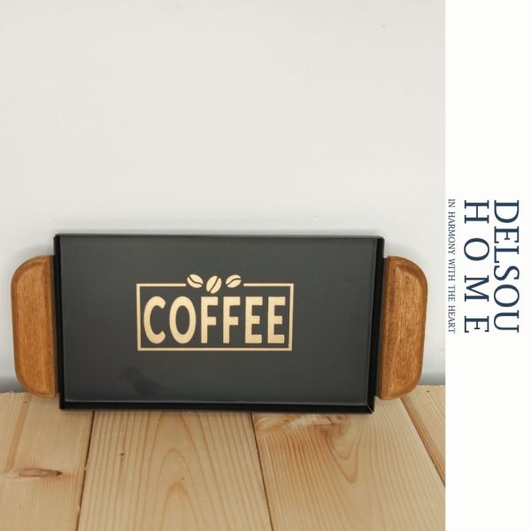 سینی فلزی کوچک مشکی دسته چوبی coffee